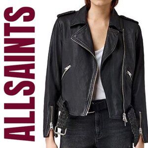 ALLSAINTS WYATT BRAIDED LIQUID LEATHER MOTO BIKER JACKET,‎ Size 0